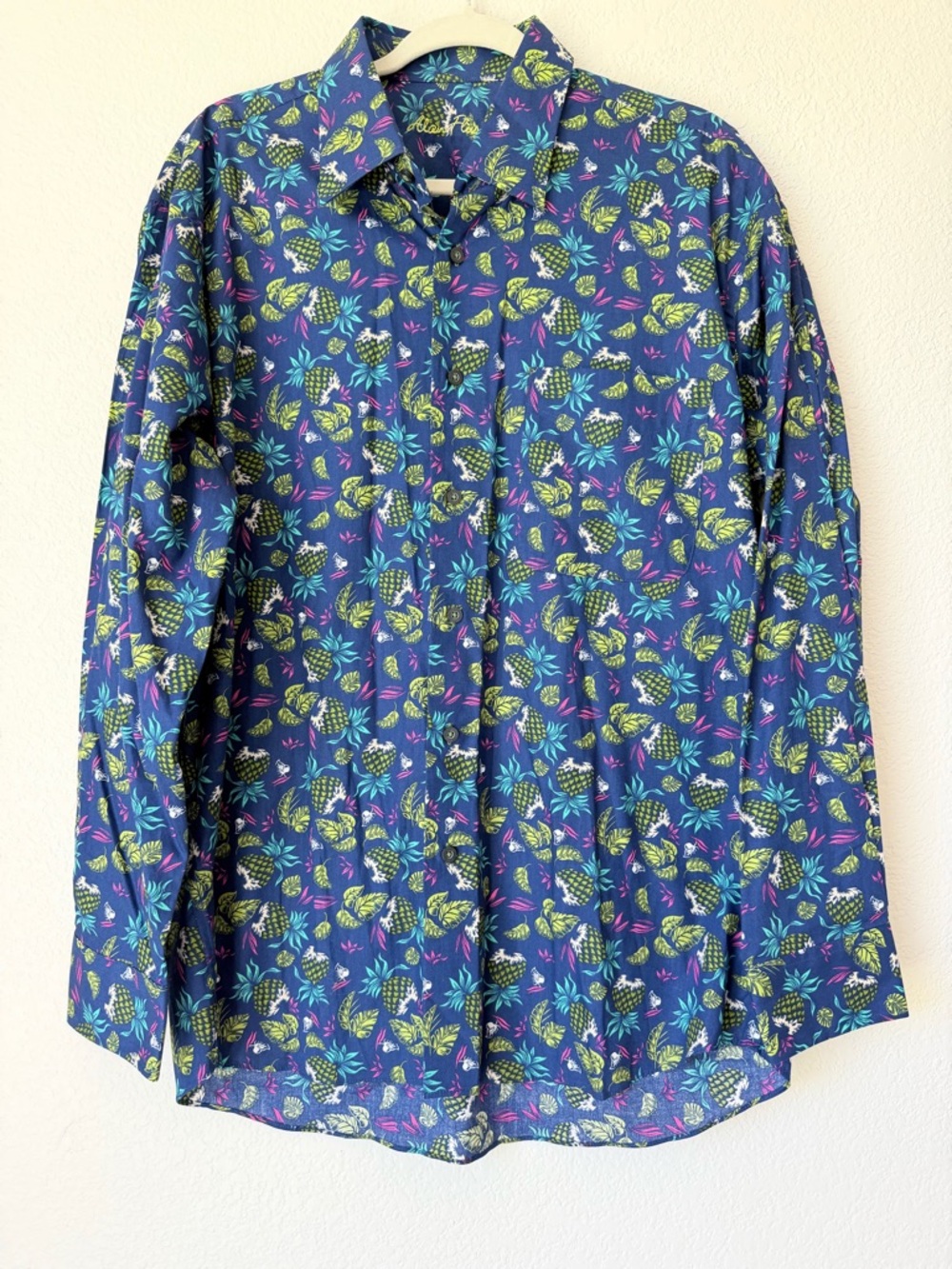 Alan Flusser Navy Hawaiian Shirt with Green & Teal Pineapple Print